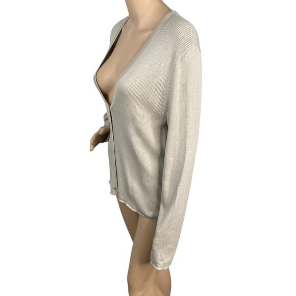 NWT J.Jill Khaki Beige Deep V-neck Ribbed Cotton Acrylic Cardigan SZ L - Picture 4 of 8